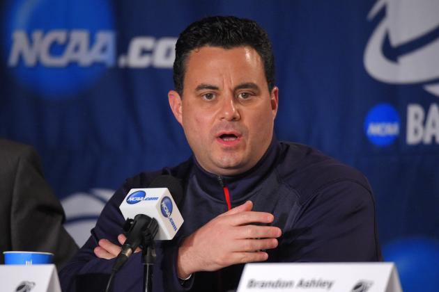 Arizona head coach Sean Miller speaks during a press conference at the NCAA college basketball tournament, Friday, March 27, 2015, in Los Angeles. Arizona plays Wisconsin in a regional final on Saturday. (AP Photo/Mark J. Terrill)