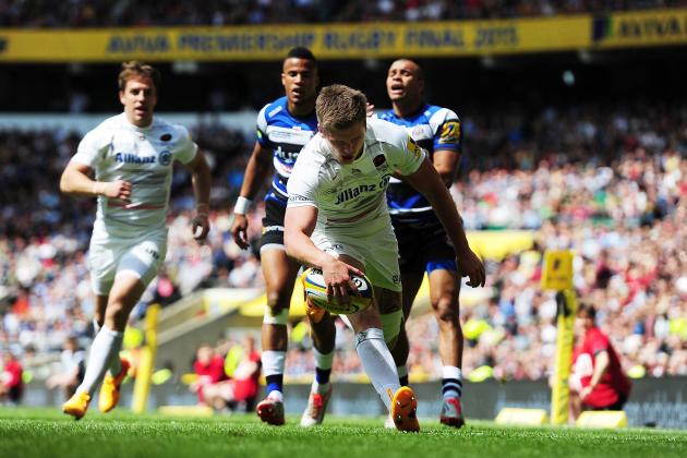 LONDON, ENGLAND - MAY 30:  Owen Farrell of Saracens scores the opening try during the Aviva Premiership Final between Bath Rugby and Saracens at Twickenham Stadium on May 30, 2015 in London, England  (Photo by Dan Mullan/Getty Images)