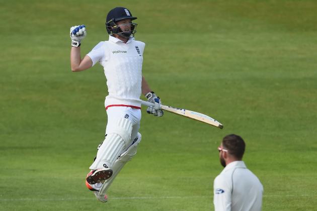 LEEDS, ENGLAND - MAY 30:  Adam Lyth of England jumps for joy as he celebrates his century during day two of the 2nd Investec Test Match between England and New Zealand at Headingley on May 30, 2015 in Leeds, England.  (Photo by Laurence Griffiths/Getty Images)