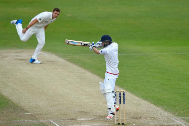 LEEDS, ENGLAND - JUNE 01:  England batsman Adam Lyth cuts a ball to the boundary as New Zealand bowler Tim Southee looks on during day three of the 2nd Investec test match between England and New Zealand at Headingley on June 1, 2015 in Leeds, England.  (Photo by Stu Forster/Getty Images)