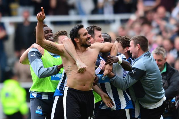 NEWCASTLE UPON TYNE, ENGLAND - MAY 24:  Jonas Gutierrez of Newcastle United celebrates scoring his team's second goal with his team mates during the Barclays Premier League match between Newcastle United and West Ham United at St James' Park on May 24, 2015 in Newcastle upon Tyne, England.  (Photo by Mark Runnacles/Getty Images)