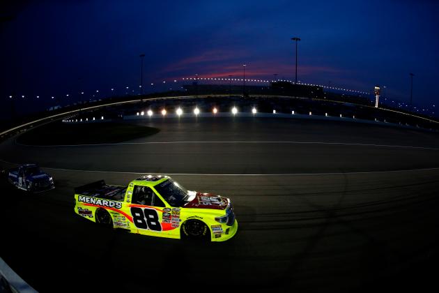 KANSAS CITY, KS - MAY 08:  Matt Crafton, driver of the #88 Slim Jim/Menards Toyota, races during the NASCAR Camping World Truck Series Toyota Tundra 250 at Kansas Speedway on May 8, 2015 in Kansas City, Kansas.  (Photo by Jeff Zelevansky/Getty Images)
