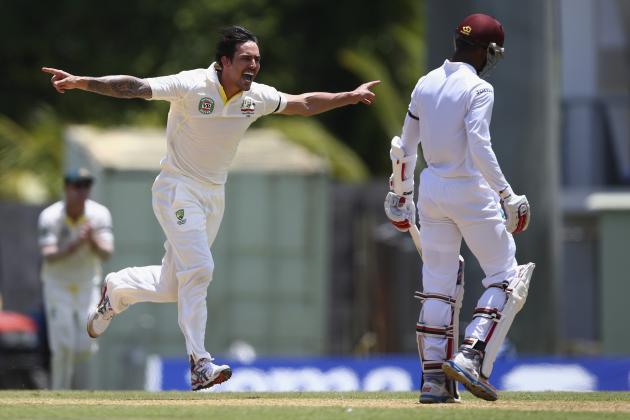 ROSEAU, DOMINICA - JUNE 03:  Mitchell Johnson of Australia celebrates after taking the wicket of Shai Hope of West Indies during day one of the First Test match between Australia and the West Indies at Windsor Park on June 3, 2015 in Roseau, Dominica.  (Photo by Ryan Pierse/Getty Images)