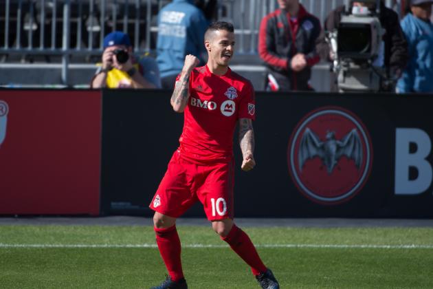 May 23, 2015; Toronto, Ontario, CAN; Toronto FC midfielder Sebastian Giovinco (10) celebrates scoring a goal during the first half in a game against the Portland Timbers at BMO Field. Toronto FC won 1-0. Mandatory Credit: Nick Turchiaro-USA TODAY Sports