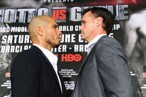 NEW YORK, NY - APRIL 16:  Miguel Cotto and Daniel Gaele attend the Roc Nation Sports & Miguel Cotto Promotions presentation of Miguel Cotto vs. Daniel Gaele on June 6 from Barclays Center in Brooklyn live on HBO: Official Press Conference at The 40/40 Club at 40 / 40 Club on April 16, 2015 in New York City.  (Photo by Craig Barritt/Getty Images for Roc Nation)