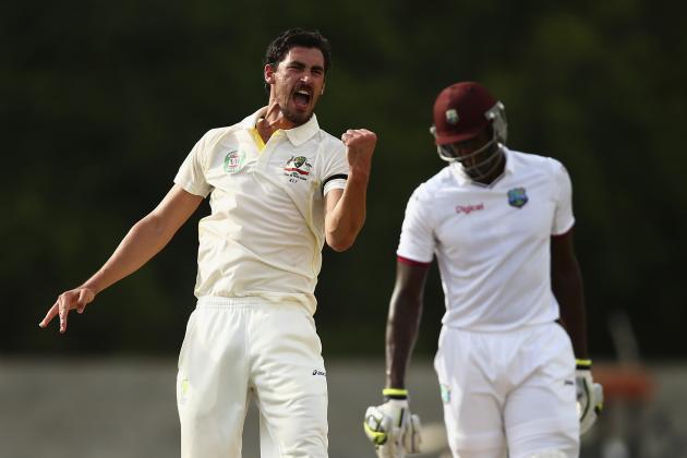 ROSEAU, DOMINICA - JUNE 05:  Mitchell Starc of Australia celebrates after taking the wicket of Devendra Bishoo of West Indies during day three of the First Test match between Australia and the West Indies at Windsor Park on June 5, 2015 in Roseau, Dominica.  (Photo by Ryan Pierse/Getty Images)