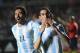 Argentina's Angel Di Maria, right, celebrates with teammate Ezequiel Lavezzi, after scoring against Bolivia, during a friendly international soccer match in San Juan, Argentina, Saturday, June 6, 2015. (AP Photo/Marcos Garcia)
