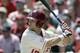 Arkansas' Andrew Benintendi waits for a pitch during the first inning in a super regional game of the NCAA college baseball tournament against Missouri State in Fayetteville, Ark., Sunday, June 7, 2015. Benintendi was walked. (AP Photo/Danny Johnston)