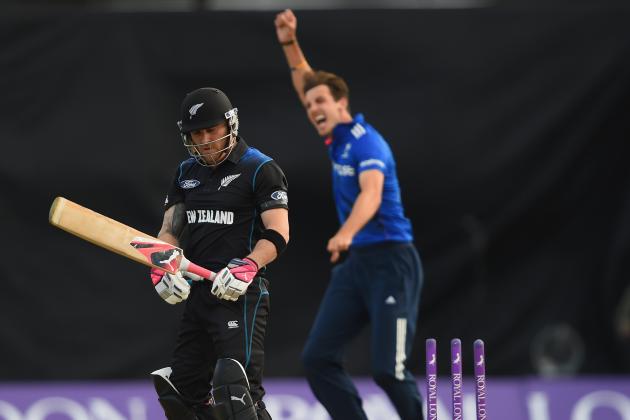 BIRMINGHAM, ENGLAND - JUNE 09:  Brendon McCullum of New Zealand loses his wicket to Steven Finn of England during the 1st ODI Royal London One-Day Series 2015 match between England and NewZealand at Edgbaston on June 9, 2015 in Birmingham, England.  (Photo by Shaun Botterill/Getty Images)