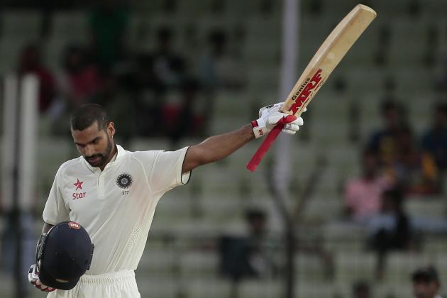 India’s Shikhar Dhawan, acknowledges the crowd after scoring a hundred and fifty runs  during the first day of their test cricket match against Bangladesh in Fatullah, Bangladesh, Wednesday, June 10, 2015. (AP Photo/A.M. Ahad)