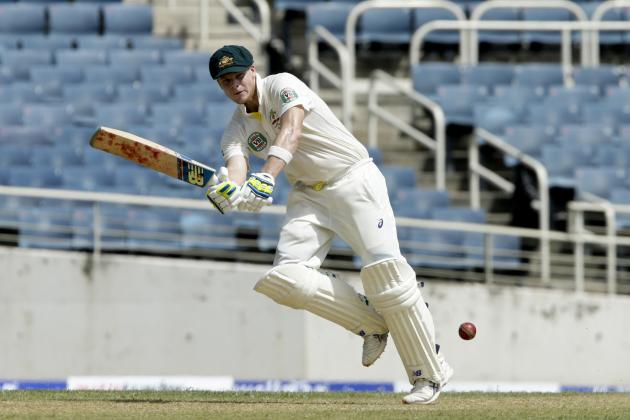 Australia's batsman Steven Smith plays a shot during the first day of the second cricket Test match against the West Indies in Kingston, Jamaica, Thursday, June 11, 2015. (AP Photo/Arnulfo Franco)