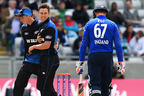 BIRMINGHAM, ENGLAND - JUNE 09:  Jason Roy of England loses his wicket to Trent Boult of New Zealand during the 1st ODI Royal London One-Day Series 2015 match between England and NewZealand at Edgbaston on June 9, 2015 in Birmingham, England.  (Photo by Shaun Botterill/Getty Images)