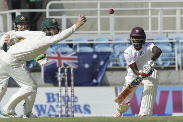 West Indies batsman Jermaine Blackwood plays a shot off Australia's Nathan Lyon during day two of their second cricket Test match in Kingston, Jamaica, Friday, June 12, 2015. (AP Photo/Arnulfo Franco)