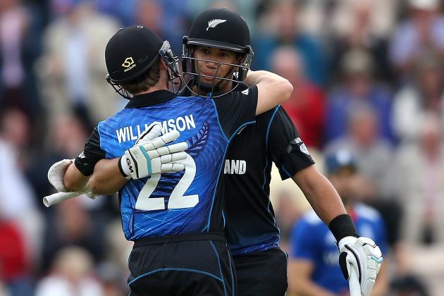 SOUTHAMPTON, ENGLAND - JUNE 14:  Ross Taylor of New Zealand is congratulated on his century by batting partner Kane Williamson during the 3rd ODI Royal London One-Day Series 2015 between England and New Zealand at Ageas Bowl on June 14, 2015 in Southampton, England.  (Photo by Jan Kruger/Getty Images)