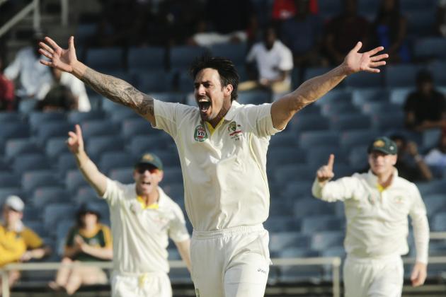 Australia's bowler Mitchell Johnson, center, appeal successfully for the catch behind of West Indies' batsman Veerasammy Permaul, who's dismissed for no runs, during day two of their second cricket Test match in Kingston, Jamaica, Friday, June 12, 2015. (AP Photo/Arnulfo Franco)