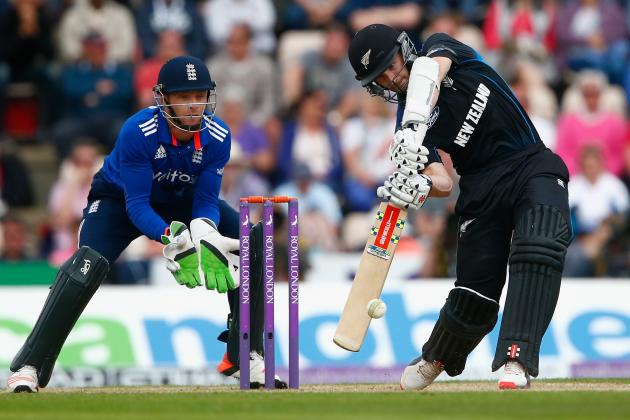 SOUTHAMPTON, ENGLAND - JUNE 14:  Kane Williamson of New Zealand plays a shot as wicket keeper Jos Buttler of England looks on during the 3rd ODI Royal London One-Day Series 2015 at the Ageas Bowl on June 14, 2015 in Southampton, England.  (Photo by Julian Finney/Getty Images)