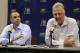 Indiana Pacers President of Basketball Operations Larry Bird, right, and head coach Frank Vogel talk about the injury to player Paul George during a press conference in Indianapolis, Tuesday, Aug. 12, 2014. (AP Photo/Michael Conroy)