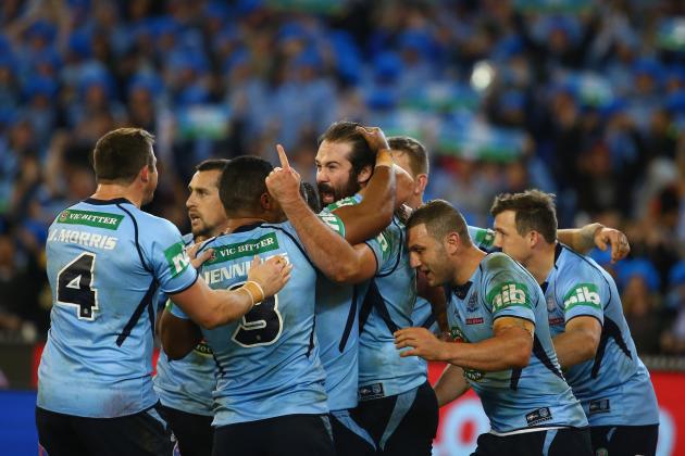 MELBOURNE, AUSTRALIA - JUNE 17: James Tamou of the Blues celebrates with team mates after scoring a try during game two of the State of Origin series between the New South Wales Blues and the Queensland Maroons at the Melbourne Cricket Ground on June 17, 2015 in Melbourne, Australia. (Photo by Robert Cianflone/Getty Images)