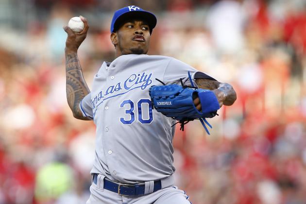 Kansas City Royals starting pitcher Yordano Ventura throws during the first inning of a baseball game against the St. Louis Cardinals, Friday, June 12, 2015, in St. Louis. (AP Photo/Billy Hurst)