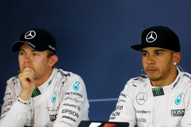 SPIELBERG, AUSTRIA - JUNE 20:  Lewis Hamilton of Great Britain and Mercedes GP and Nico Rosberg of Germany and Mercedes GP attend a press conference after qualifying for the Formula One Grand Prix of Austria at Red Bull Ring on June 20, 2015 in Spielberg, Austria.  (Photo by Charles Coates/Getty Images)