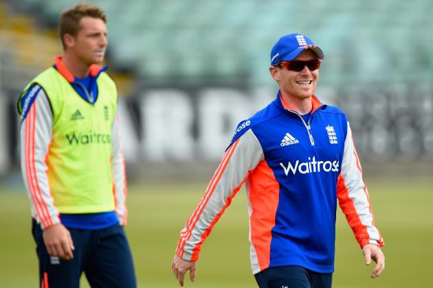 CHESTER-LE-STREET, ENGLAND - JUNE 19:  England captain Eoin Morgan raises a smile as wicketkeeper Jos Buttler (l) looks on during England net practice prior to tomorrow's deciding Royal London One day international between England and New Zealand at Emirates Durham ICG on June 19, 2015 in Chester-le-Street, England.  (Photo by Stu Forster/Getty Images)