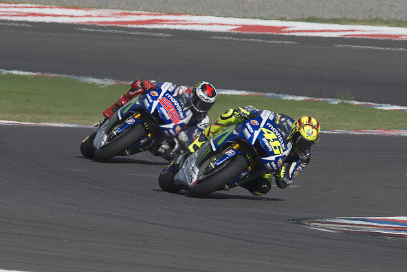 RIO HONDO, ARGENTINA - APRIL 19:  Valentino Rossi of Italy and Movistar Yamaha MotoGP leads Jorge Lorenzo of Spain and Movistar Yamaha MotoGP during the MotoGP race during the MotoGp of Argentina - Race at  on April 19, 2015 in Rio Hondo, Argentina.  (Photo by Mirco Lazzari gp/Getty Images)