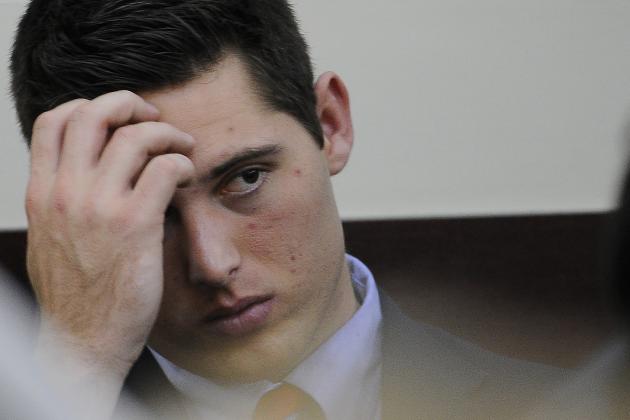 Brandon Vandenburg looks at the jury as Judge Wilkins reads the charges during his trial on Tuesday, Jan. 27, 2015, in Nashville, Tenn. The jury deliberated for three hours before announcing that Vandenburg and Cory Batey were guilty of aggravated rape and aggravated sexual battery. (AP Photo/The Tennessean, John Partipilo, Pool)
