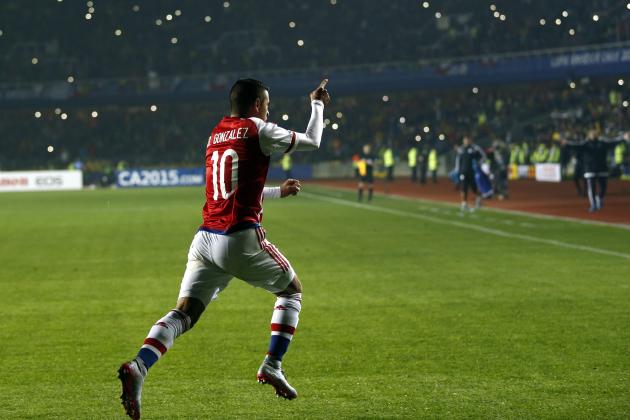 Paraguay's Derlis Gonzalez celebrates after scoring his side’s first goal during a Copa America quarterfinal soccer match against Brazil at the Ester Roa Rebolledo Stadium in Concepcion, Chile, Saturday, June 27, 2015. (AP Photo/Silvia Izquierdo)