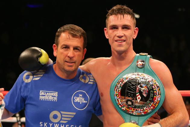 LIVERPOOL, ENGLAND - JUNE 26: Callum Smith with trainer Joe Gallagher after beating Christopher Rebrasse during their WBC Silver Super Middleweight Championship contest at the Echo Arena on June 26, 2015 in Liverpool, England. (Photo by Dave Thompson/Getty Images)