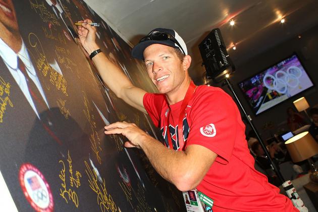 LONDON, ENGLAND - AUGUST 09: U.S. Olympian Trevor Moore visits the USA House at the Royal College of Art on August 9, 2012 in London, England. (Photo by Joe Scarnici/Getty Images for USOC)