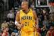 INDIANAPOLIS, IN - DECEMBER 23: David West #21 of the Indiana Pacers runs down the court during a game against the Indiana Pacers on December 23, 2014 at Bankers Life Fieldhouse in Indianapolis, Indiana. NOTE TO USER: User expressly acknowledges and agrees that, by downloading and or using this Photograph, user is consenting to the terms and conditions of the Getty Images License Agreement. Mandatory Copyright Notice: Copyright 2014 NBAE (Photo by Ron Hoskins/NBAE via Getty Images)