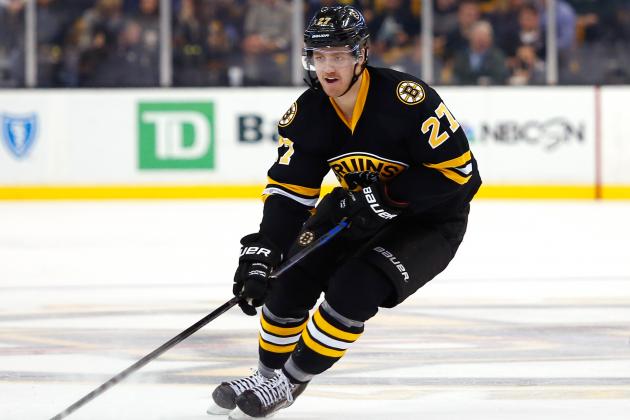 Nov 24, 2014; Boston, MA, USA; Boston Bruins defenseman Dougie Hamilton (27) skates the puck during the overtime period of the Pittsburgh Penguins 3-2 win over the Boston Bruins at TD Garden. Mandatory Credit: Winslow Townson-USA TODAY Sports