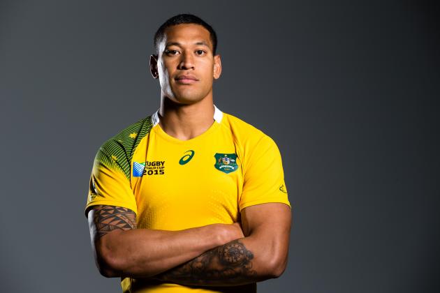 SYDNEY, AUSTRALIA - JUNE 10:  In this handout image provided by ASICS, Israel Folau poses at the 2015 Australian Wallabies Rugby World Cup jersey launch at Allianz Stadium on June 10, 2015 in Sydney, Australia. (Photo by Mark Nolan/ASICS via Getty Images)