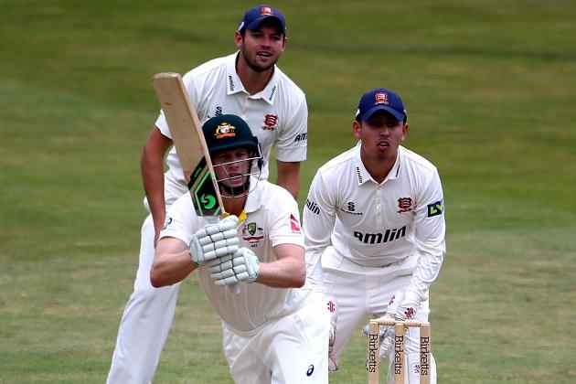 CHELMSFORD, ENGLAND - JULY 01: Adam Voges of Australia hits out during day one of the tour match between Essex and Australia  at The Ford County Ground on July 01, 2015 in Chelmsford, England. (Photo by Charlie Crowhurst/Getty Images)