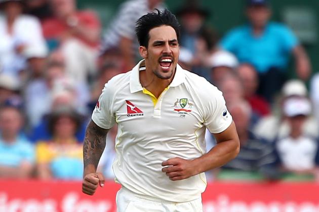 CANTERBURY, ENGLAND - JUNE 26: Australia's Mitchell Johnson celebrates after bowling out Ben Harmison of Kent during day two of the tour match between Kent and Australia at The Spitfire Ground, St Lawrence on June 26, 2015 in Canterbury, England. (Photo by Charlie Crowhurst/Getty Images)