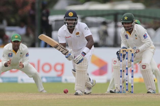 Sri Lankan captain Angelo Mathews bats during the fifth day of the second cricket test match against Pakistan, in Colombo, Sri Lanka, Monday, June 29, 2015. Sri Lnka won the match by 7 wickets. (AP Photo/Eranga Jayawardena)
