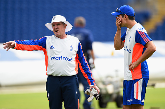 CARDIFF, WALES - JULY 06:  England coach Trevor Bayliss (l) chats with captain Alastair Cook during England nets ahead of the 1st Investec Ashes Test match between England and Australia at SWALEC Stadium on July 6, 2015 in Cardiff, United Kingdom.  (Photo by Stu Forster/Getty Images)
