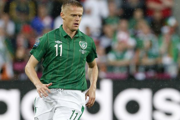 Ireland's Damien Duff controls the ball during the Euro 2012 soccer championship Group C match between the Republic of Ireland and Croatia in Poznan, Poland, Sunday, June 10, 2012. (AP Photo/Antonio Calanni)