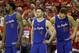 Los Angeles Clippers center DeAndre Jordan (6), guard J.J. Redick (4) and forward Blake Griffin (32) look on during final minutes in Game 7 of the NBA basketball Western Conference semifinals against the Houston RocketsSunday, May 17, 2015, in Houston. Houston won 113-100. (AP Photo/David J. Phillip)