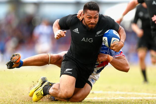APIA, SAMOA - JULY 08: George Moala of the New Zealand All Blacks scores a try on debut during the International Test match between Samoa and the New Zealand All Blacks at Apia Stadium on July 8, 2015 in Apia, Samoa. (Photo by Phil Walter/Getty Images)
