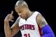 Detroit Pistons' Caron Butler (31) reacts after sinking a three-point shot against the Chicago Bulls during the first half of an NBA basketball game Saturday, March 21, 2015, in Auburn Hills, Mich. (AP Photo/Duane Burleson)