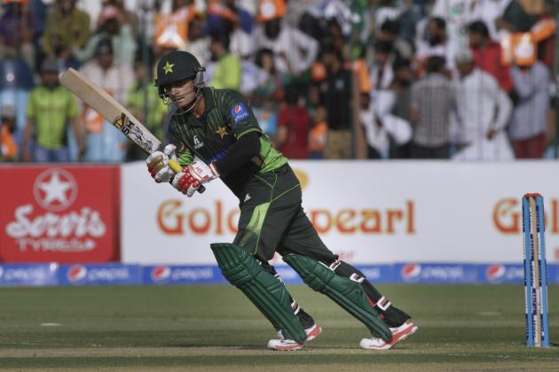 Pakistan's Mohammad Hafeez plays a shot during third one-day international match against Zimbabwe at Gaddafi Stadium in Lahore, Pakistan, Sunday, May 31, 2015. (AP Photo/K. M. Chaudary)