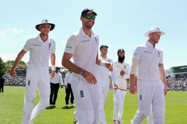 CARDIFF, WALES - JULY 10:  Stuart Broad, James Anderson and Ben Stokes of England leave the field all smiles after bowling Australia out during day three of the 1st Investec Ashes Test match between England and Australia at SWALEC Stadium on July 10, 2015 in Cardiff, United Kingdom.  (Photo by Gareth Copley/Getty Images)