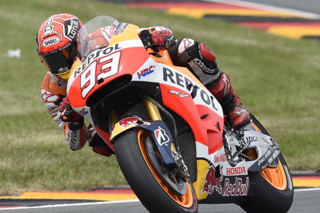 Spain’s Marc Marquez rides his Honda during the MotoGP race at the Sachsenring circuit in Hohenstein-Ernstthal, Germany, Sunday, July 12, 2015. (AP Photo/Jens Meyer)