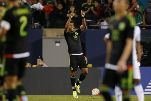 Mexico forward Giovani Dos Santos (10) celebrates scoring a goal against Cuba during the second half of a CONCACAF Gold Cup soccer match, Thursday, July 9, 2015, in Chicago. Mexico won 6-0. (AP Photo/Andrew A. Nelles)