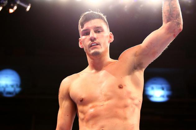 SHEFFIELD, ENGLAND - MARCH 28:  Leigh Wood celebrates beating Laszlo Fekete during their Welterweight contest at Motorpoint Arena on March 28, 2015 in Sheffield, England.  (Photo by Richard Heathcote/Getty Images)