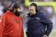 New England Patriots defensive coordinator Matt Patricia, left, listens to head coach Bill Belichick in the fourth quarter of an NFL football game Sunday, Nov. 3, 2013, in Foxborough, Mass. (AP Photo/Steven Senne)