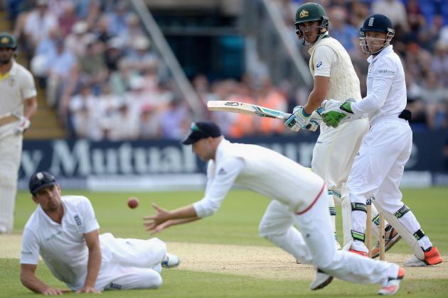 CARDIFF, WALES - JULY 11:  Mitchell Starc of Australia looks back as he is caught out by Adam Lyth of England during day four of the 1st Investec Ashes Test match between England and Australia at SWALEC Stadium on July 11, 2015 in Cardiff, United Kingdom.  (Photo by Gareth Copley/Getty Images)