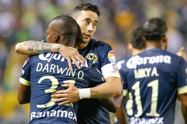 Club America's Carlos Darwin Quintero is congradulated during the LA Galaxy vs. Club America Soccer match at the StubHub Center in Carson, Calif., Saturday, July 11, 2015. (Dominic DiSaia/AP Images for International Champions Cup)