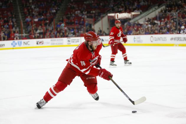 Mar 21, 2015; Raleigh, NC, USA; Carolina Hurricanes forward Elias Lindholm (16) skates with puck against the  New York Rangers at PNC Arena. The New York Rangers defeated the Carolina Hurricanes 3-2 in the shoot out. Mandatory Credit: James Guillory-USA TODAY Sports
